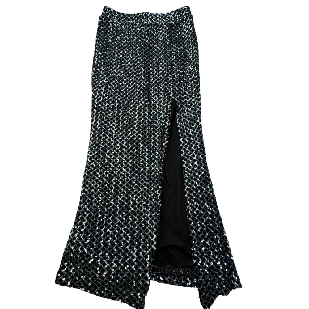 Hello Molly Sequin Lattice Maxi Skirt Blue Black Side Slit Party Formal Size S